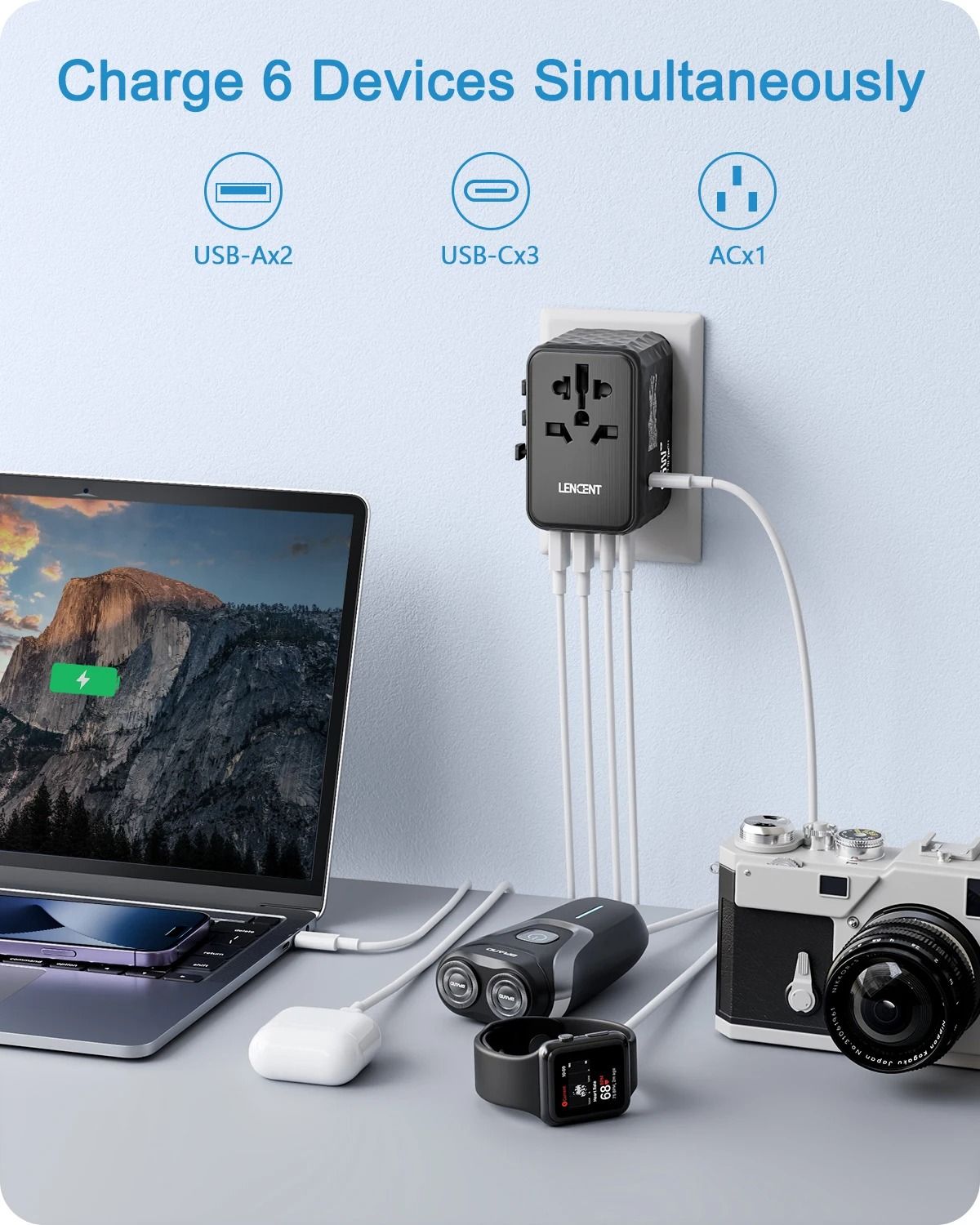 LENCENT 65W GaN Universal Travel Adapter with USB and Type C Ports for Fast Charging in EU UK USA AUS Regions