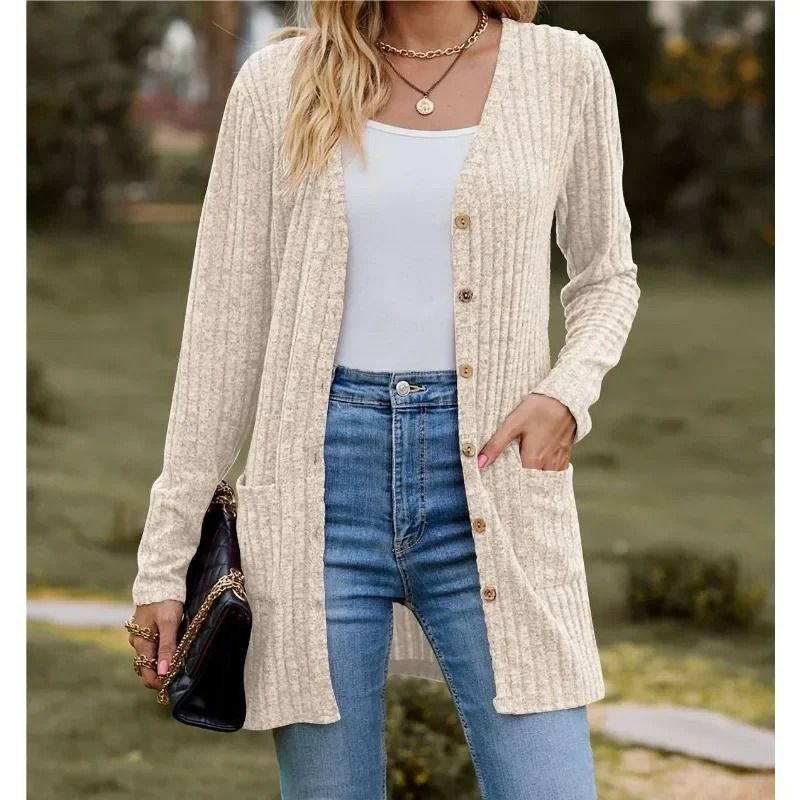 Women Long Sleeve Button V Neck Casual Cardigan Jacket
