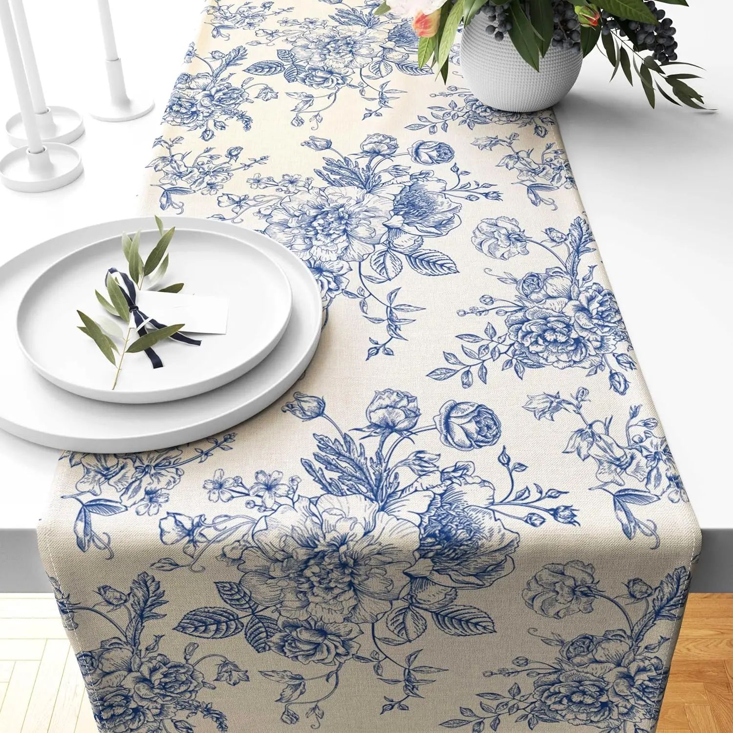 Elegant Chinoiserie Blue Floral Linen Table Runner for Dining & Home Decor