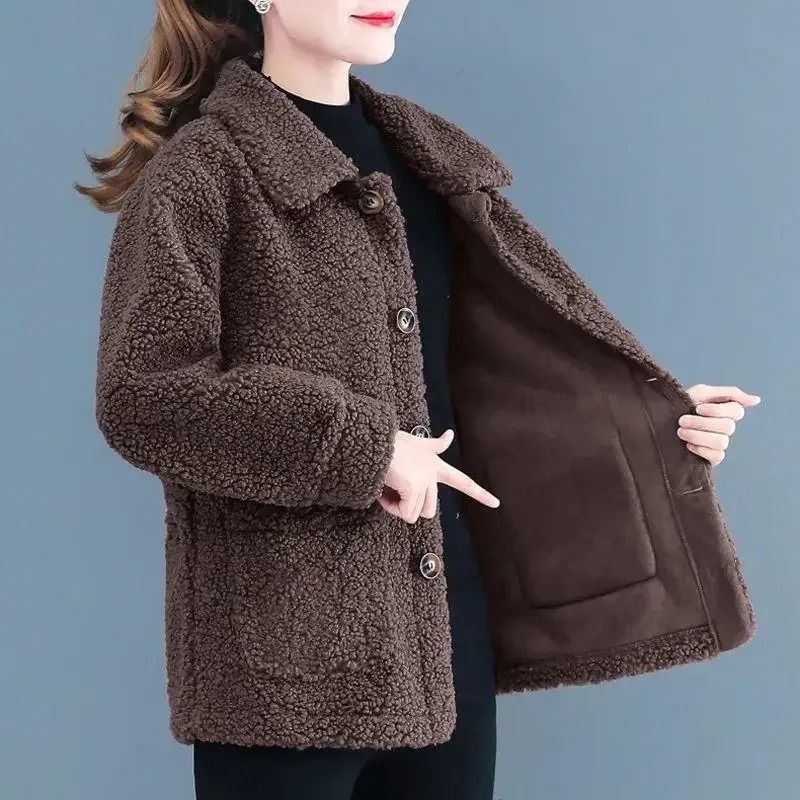Ladies Lamb Velvet Short Jacket Thick Winter Outerwear Warm Fleece Cardigan Coat for Women