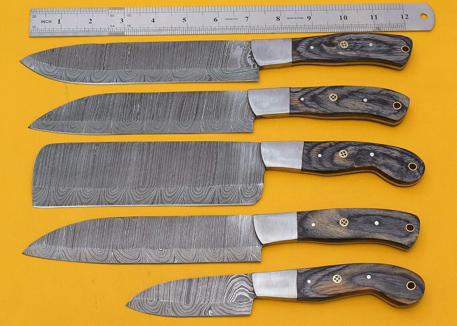 Handmade Damascus Kitchen 5 Chef Knives Set with Pakka Wood Handle