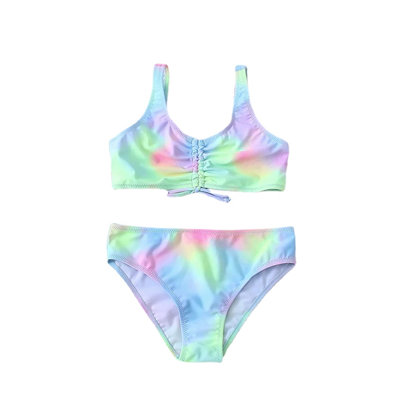 Tie Dye Girls Swimsuit Kids, Two Piece Children's Swimwear, Ruched Front Bikini Set Teen Bathing Suit Beachwear