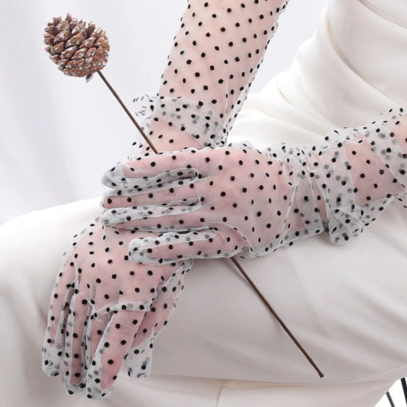 Elegant Black Lace Bridal Gloves for Women Long Mesh Polka Dot Tulle