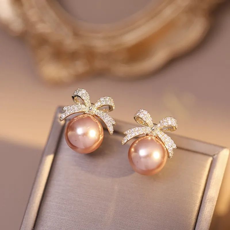 Rhinestone Bow Pearl Stud Earrings Elegant Womens Jewelry
