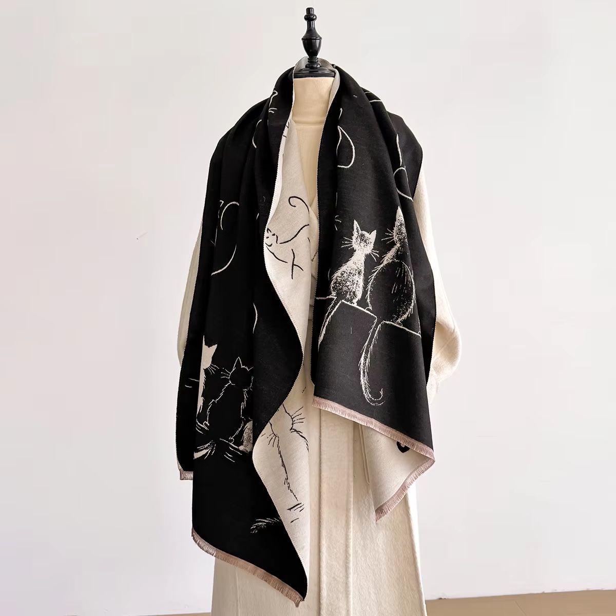 Luxury Winter Cashmere Cat Print Scarf for Women – Warm Pashmina Shawl Wrap Thick Foulard Bufanda