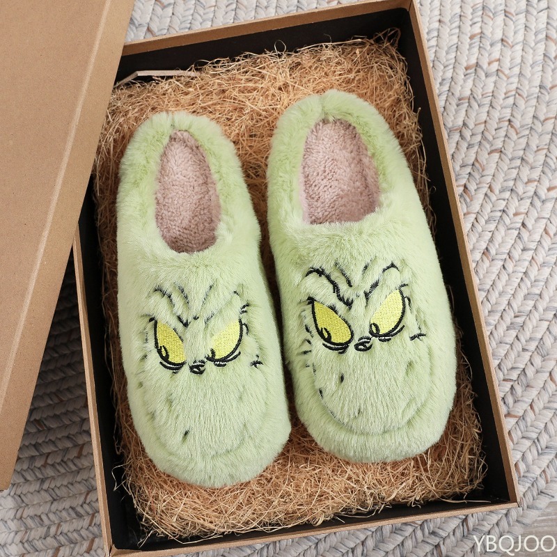 Comfortable Cotton Mop Slippers for Women, Autumn Winter Fashion, Plus Size, Green Fur Monster Indoor Slippers