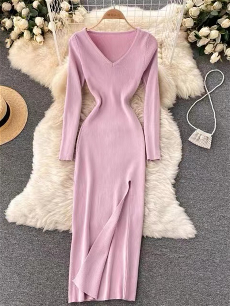 Female V-Neck Slim Slit Women's Sweater Dress, Tight-fitting Wrap Dresses
