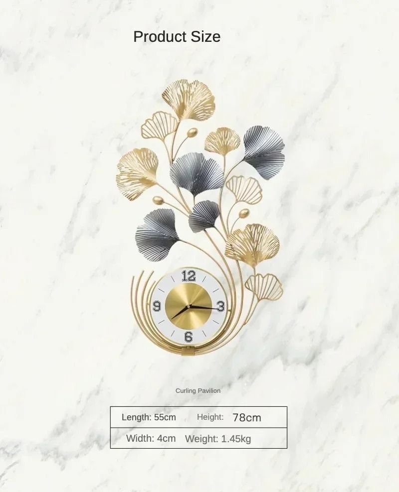Ginkgo Leaf Metal Wall Clock Large Silent Decorative Wall Art for Living Room and Home