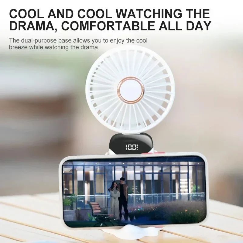 Foldable Handheld Mini Fan with Neck Hanging Design, 5 Speed USB Rechargeable Fan with Phone Stand, LED Display and 1800