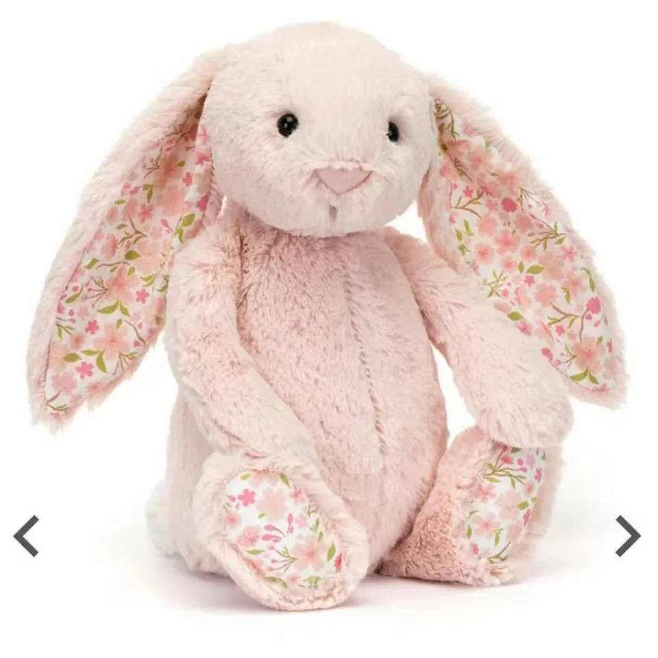 NEW Easter Rabbit Grey Plush Doll with Pink Strawberry Flower Ears Gift