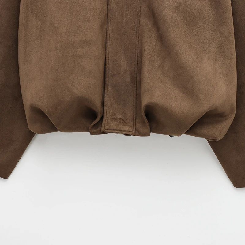 HXAO Cropped Suede Bomber Jacket Women Lapel Zipper Racing Coat