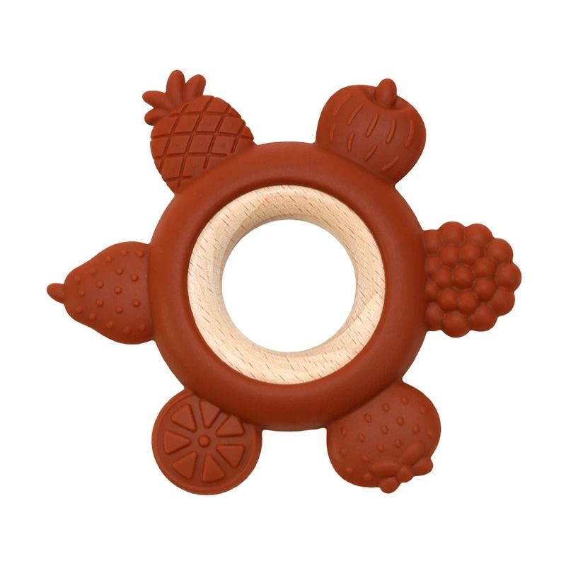 Fruit-Theme Silicone & Wooden Baby Teether – BPA-Free Infant Chewing Toy