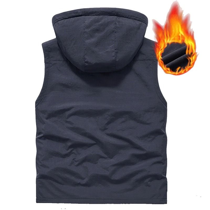 Mens Hooded Fleece Warm Vest Windproof Utility Photographer Vest
