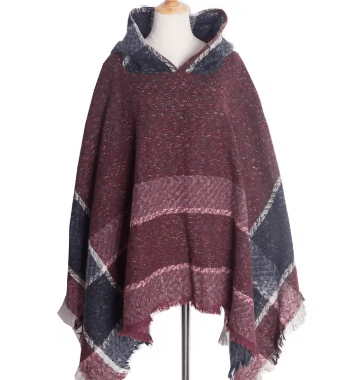 Hooded Fishbone Pattern Women Cape Poncho Autumn Winter Pullover Women Hooded Cloak