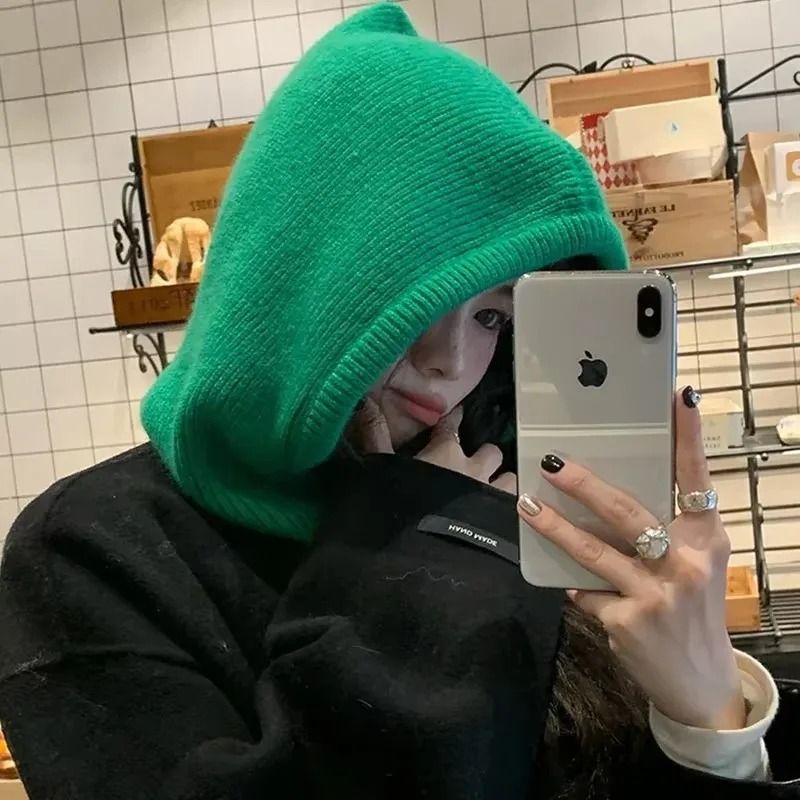 Korean Style Knitted Hooded Balaclava – One-Piece Thermal Neck Collar Beanie
