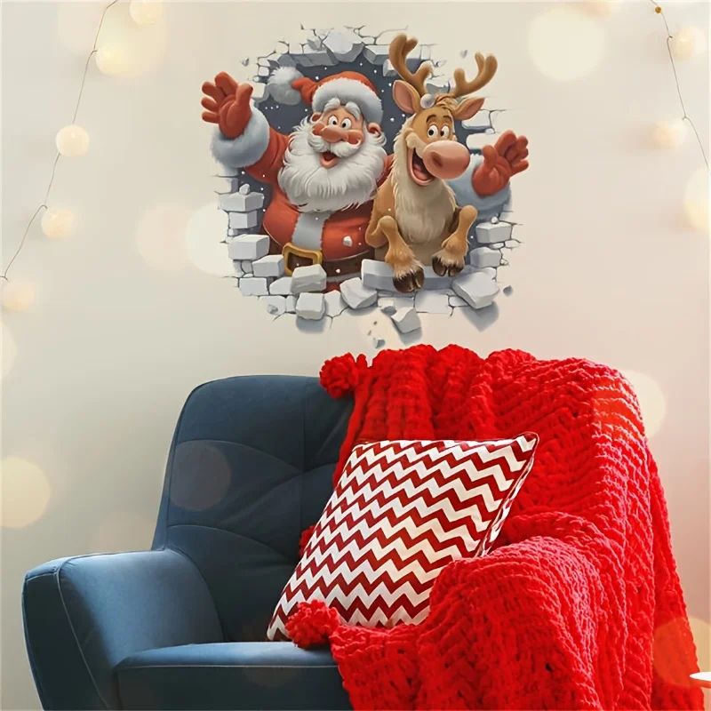 3D Santa Claus and Rudolf Christmas Wall Stickers Removable Self Adhesive Holiday Decor