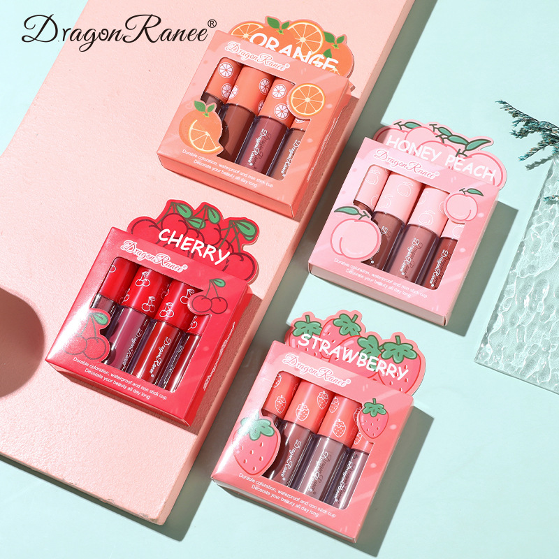 Mini Velvet Matte Lip Gloss Set, 4-Piece Non-Fading, Non-Stick Cup