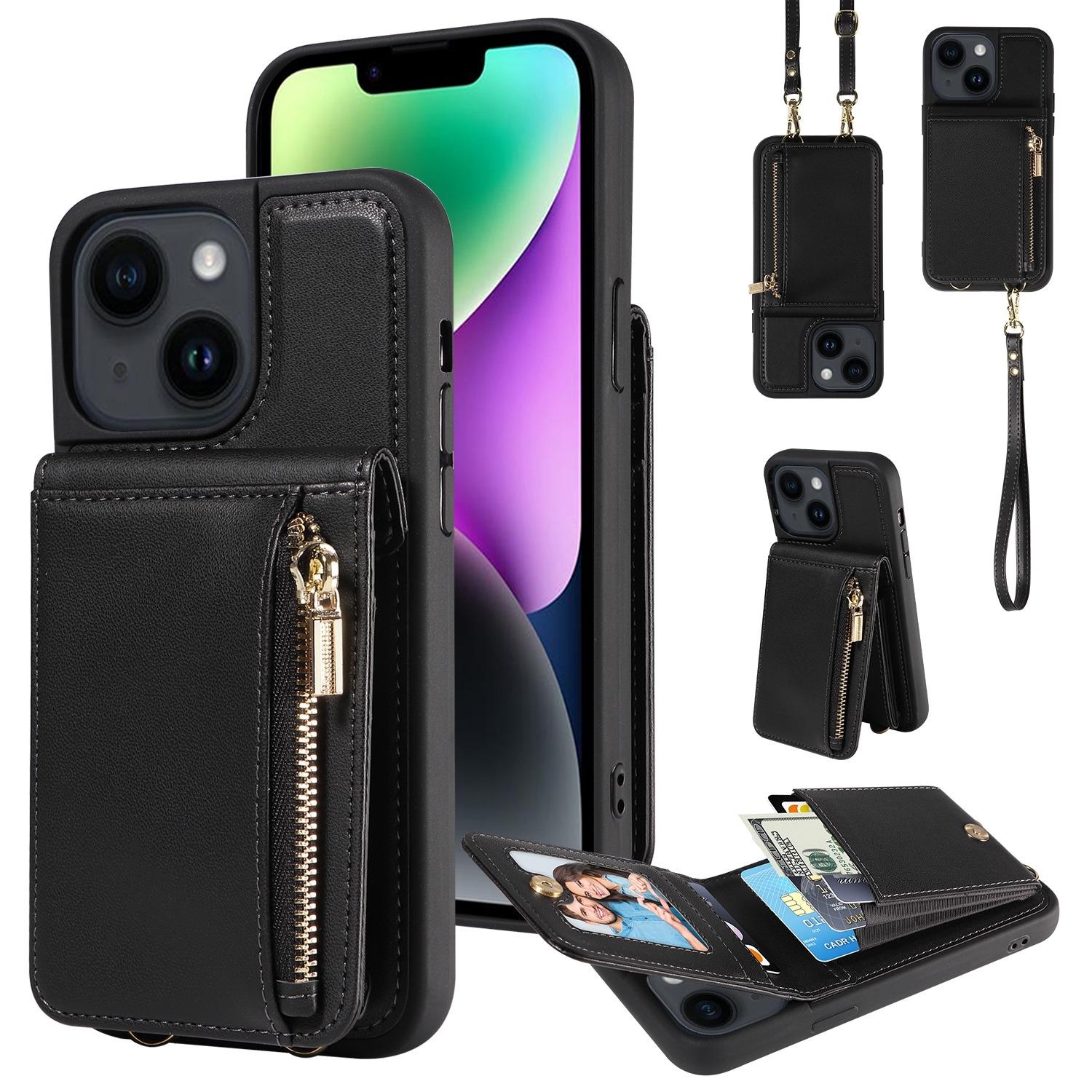 Leather Crossbody iPhone Wallet Case with Zipper Pocket & Lanyard Strap