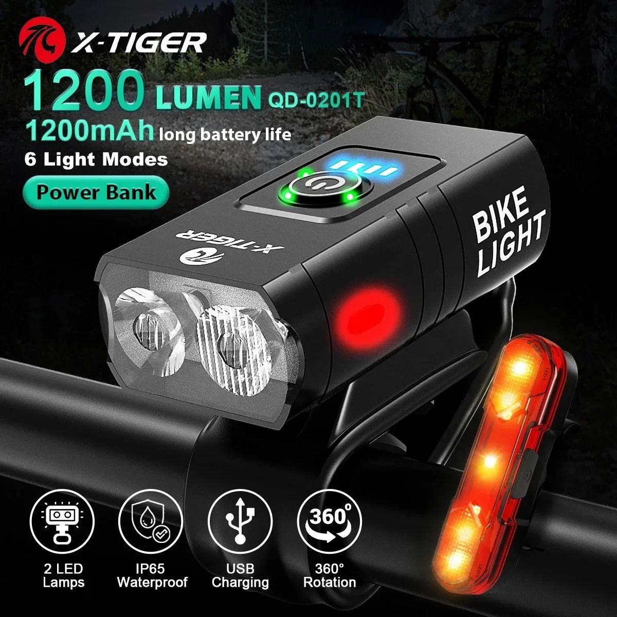 X Tiger Bike Light Headlight Bicycle Lamp with 5200mAh Power Bank