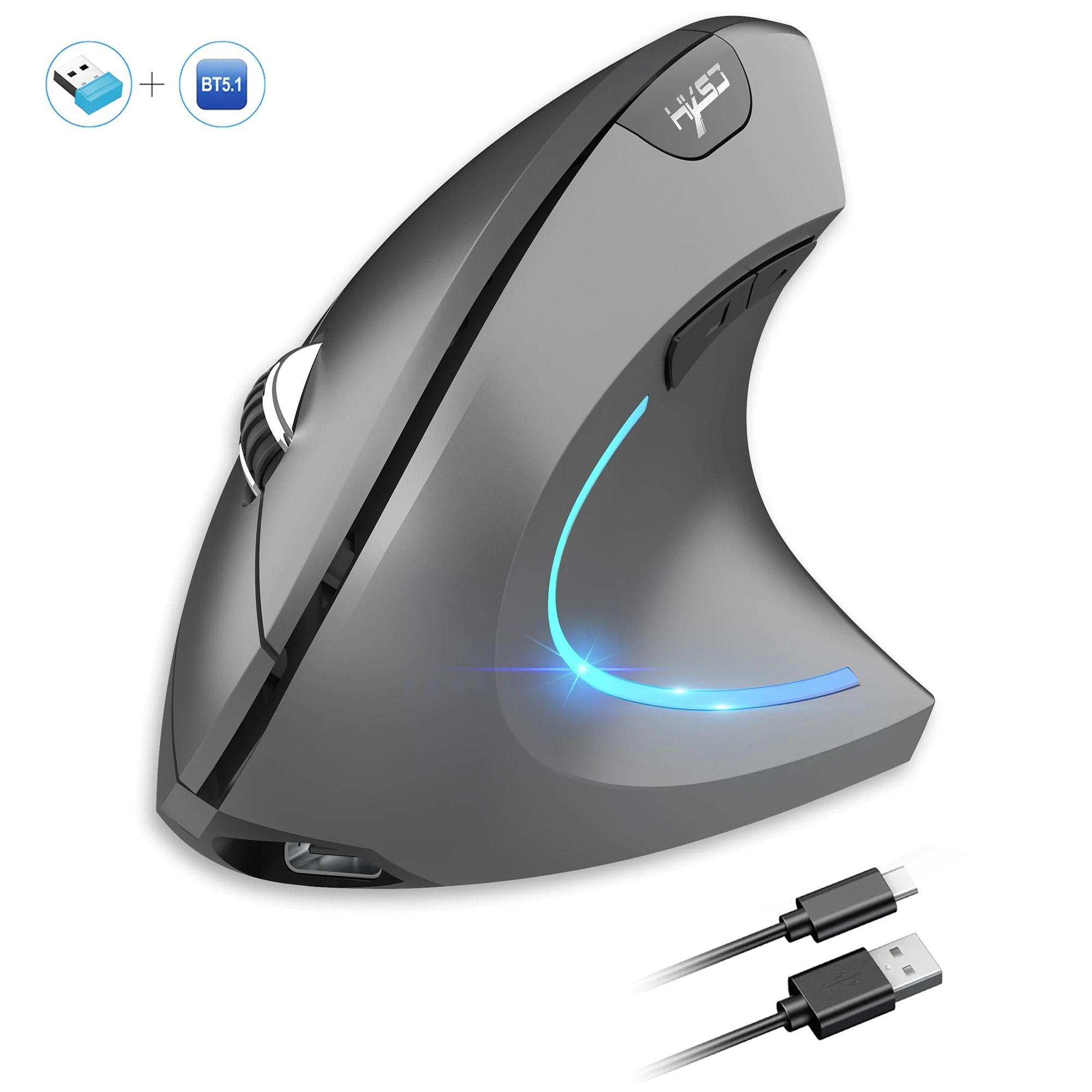 HXSJ T22 Ergonomic Vertical Mouse | Dual-Mode 2.4G & Bluetooth 5.1 Rechargeable 2400DPI Mouse