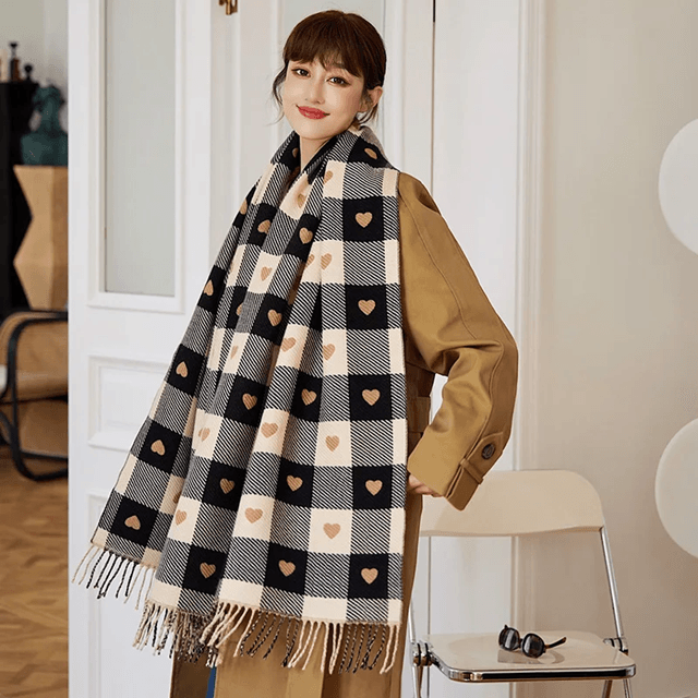 Womens Plaid Blanket Scarf Heart Pattern Warm Shawl for Autumn and Winter