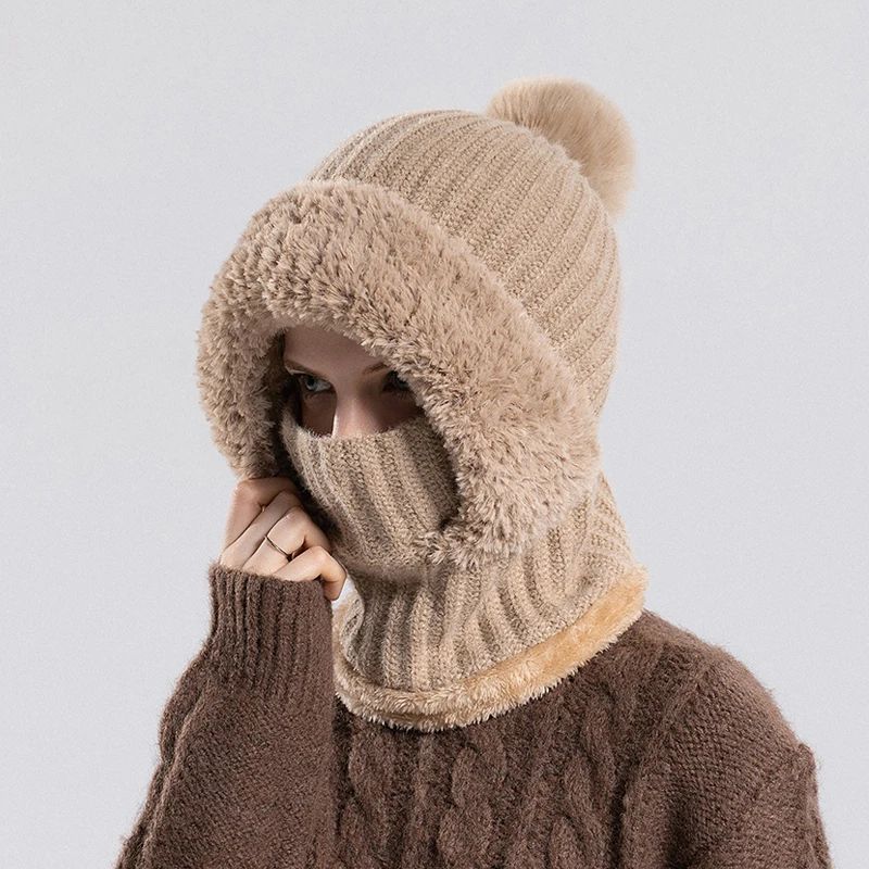 Women's Hooded Knit Balaclava Hat – Winter Velvet Fluffy Ear Protection Neck Warmer