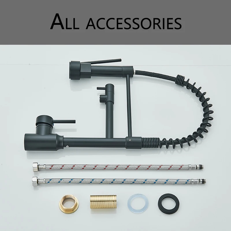 Black Kitchen Sink Faucet Pull Down, Hot and Cold Water Mixer, 2 Mode Tap with Dual Spout, Rotation Flexible Deck