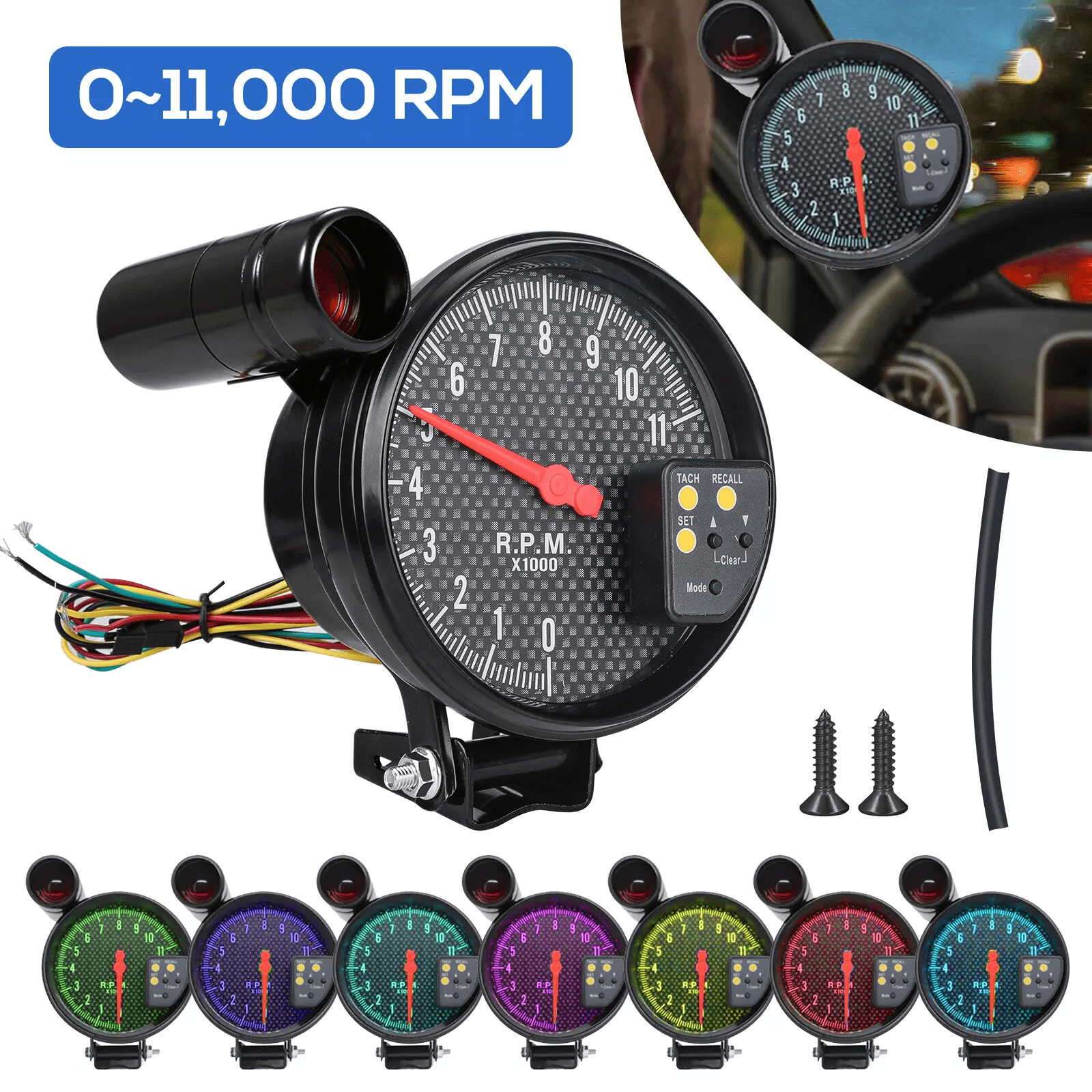 Tachometer Gauge Color Backlit RPM Meter with Shift Light Universal Cylinder Cars High Precision Racing Gauge