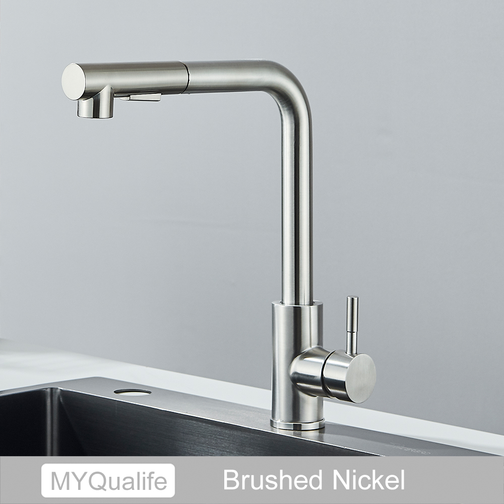 Stainless Steel Pull Out Kitchen Sink Faucet Hot Cold Water Mixer Tap with Two Mode Stream Sprayer Nozzle
