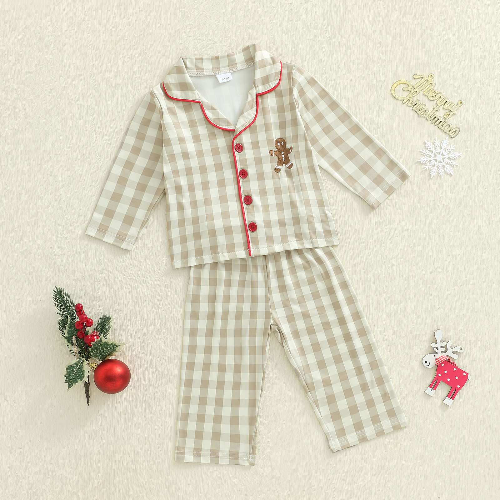 Christmas Infant Baby Plaid Pajamas Sets 2 Piece, Toddler Gingerbread Embroidery Lapel Long Sleeve Tops, Pant Loungewear