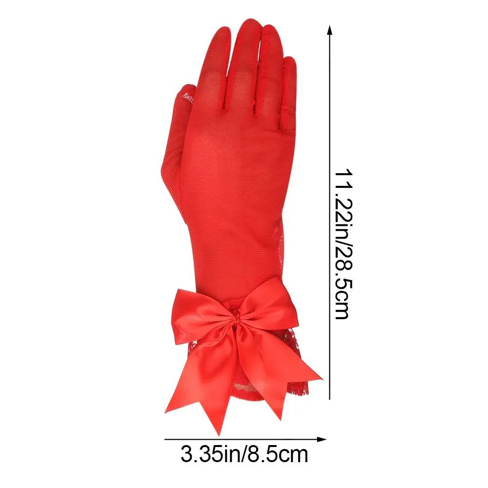Elegant bridal gloves for brides White Satin wedding gloves with Lace Cuffs and Bow Detail