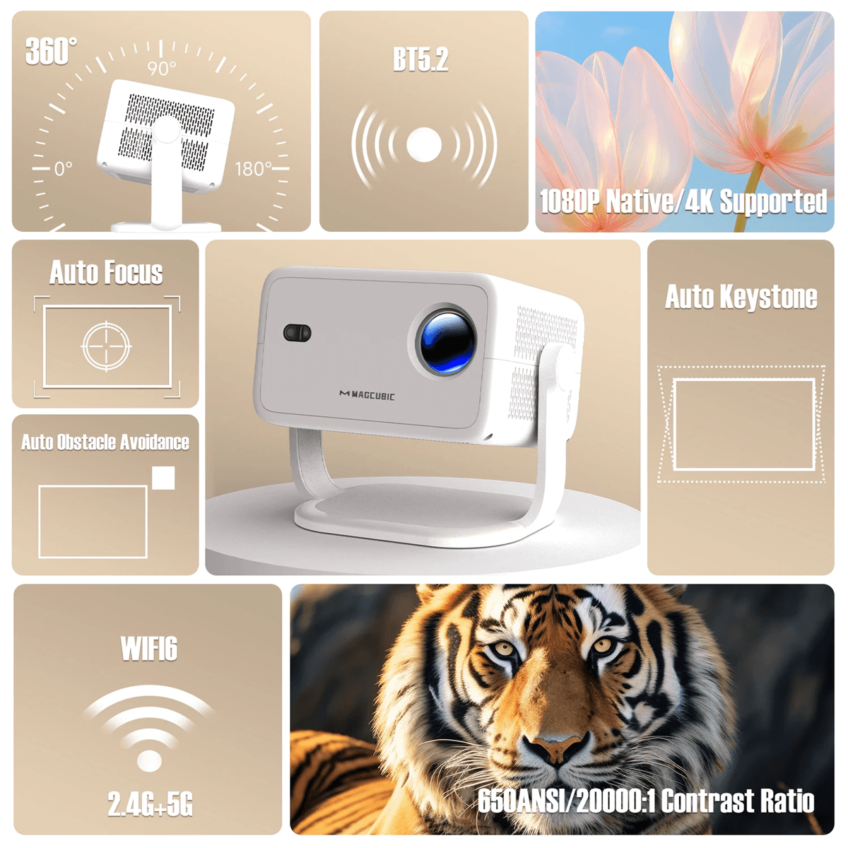 Magcubic 4K Projector Portable Native 1080P Home Theater with Auto Focus
