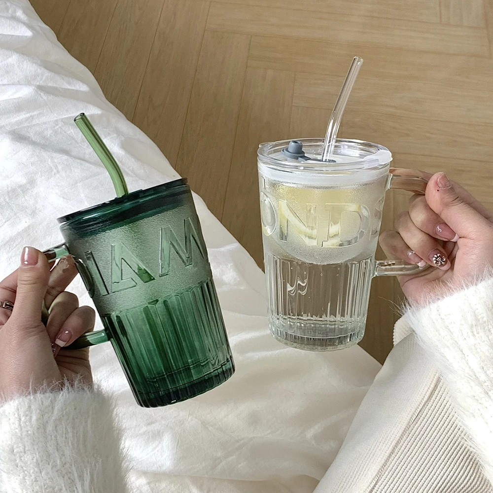 Retro Glass Tumbler with Lid and Straw Reusable Juice and Coffee Cup Transparent Green Glass Mug