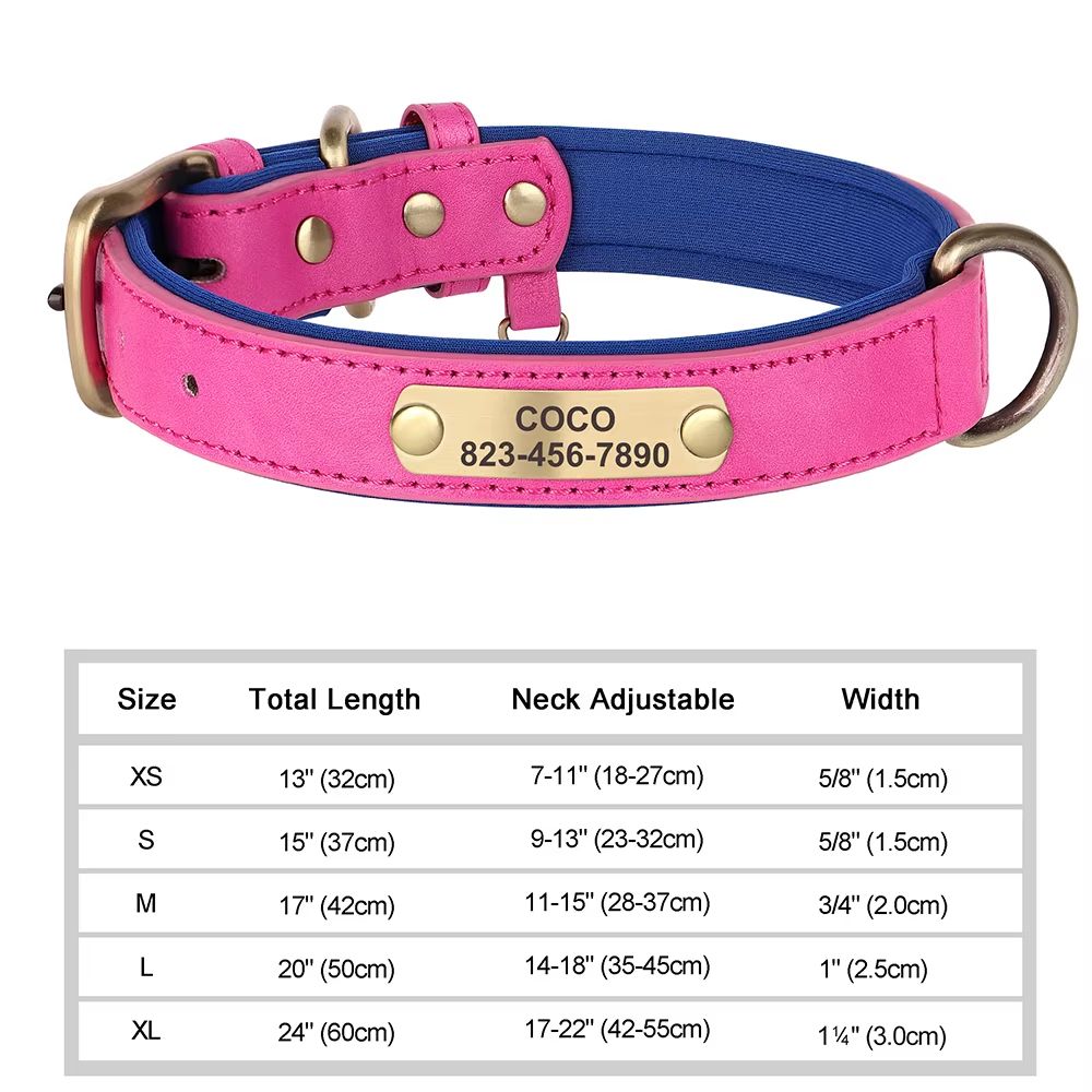 Custom Engraved PU Leather Dog Collar with Personalized ID Nameplate