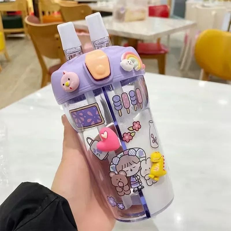 Kids Water Bottle with Double Straw Leak Proof Cute Plastic Bottle 430ml