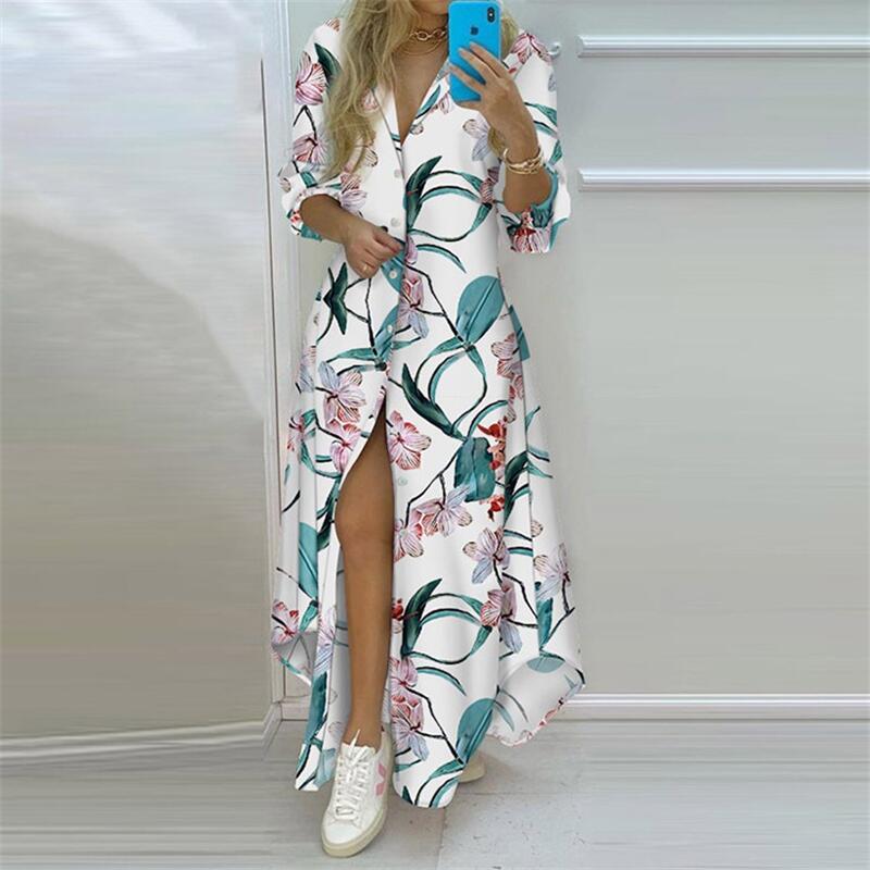 Summer Women Boho Printed Maxi Dresses Turn-down Collar Long Sleeve Casual Split Shirt Elegant Dress Evening Dresses