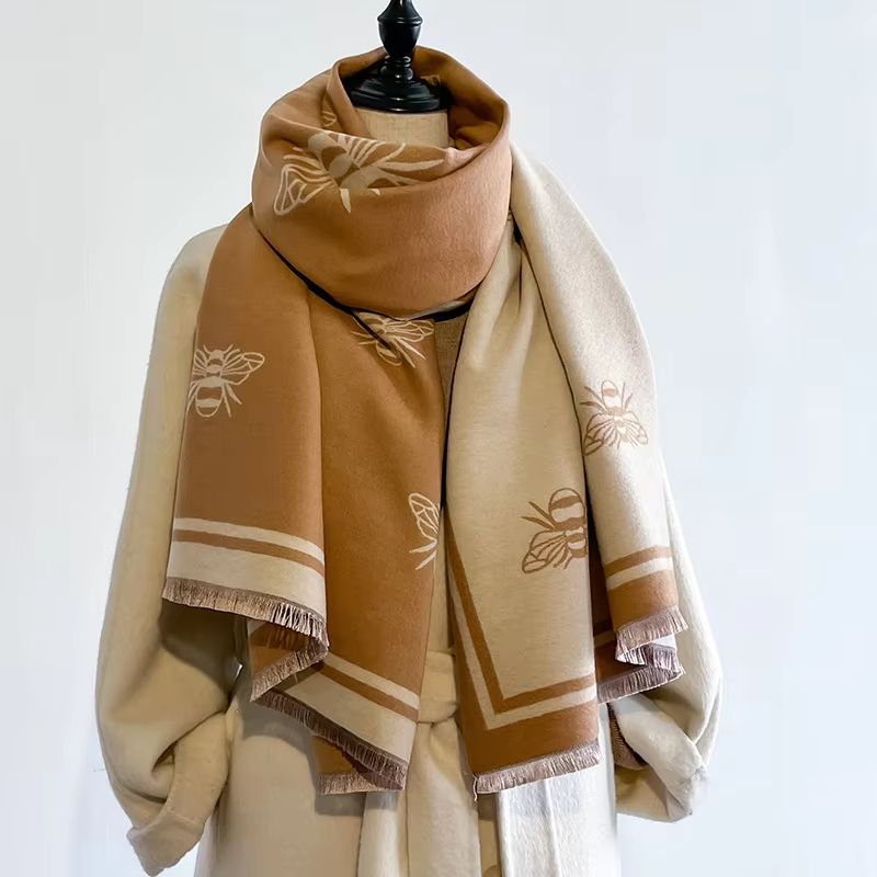 Luxury Two-Sided Bees Pattern Pashmina Shawl Soft Warm Winter Blanket Scarf