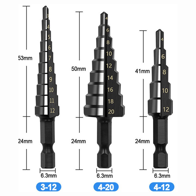 3Pcs HSS Straight Groove Step Drill Bit Set Nitride Black Hex Wood & Metal Hole Cutter 3-12mm, 4-20mm