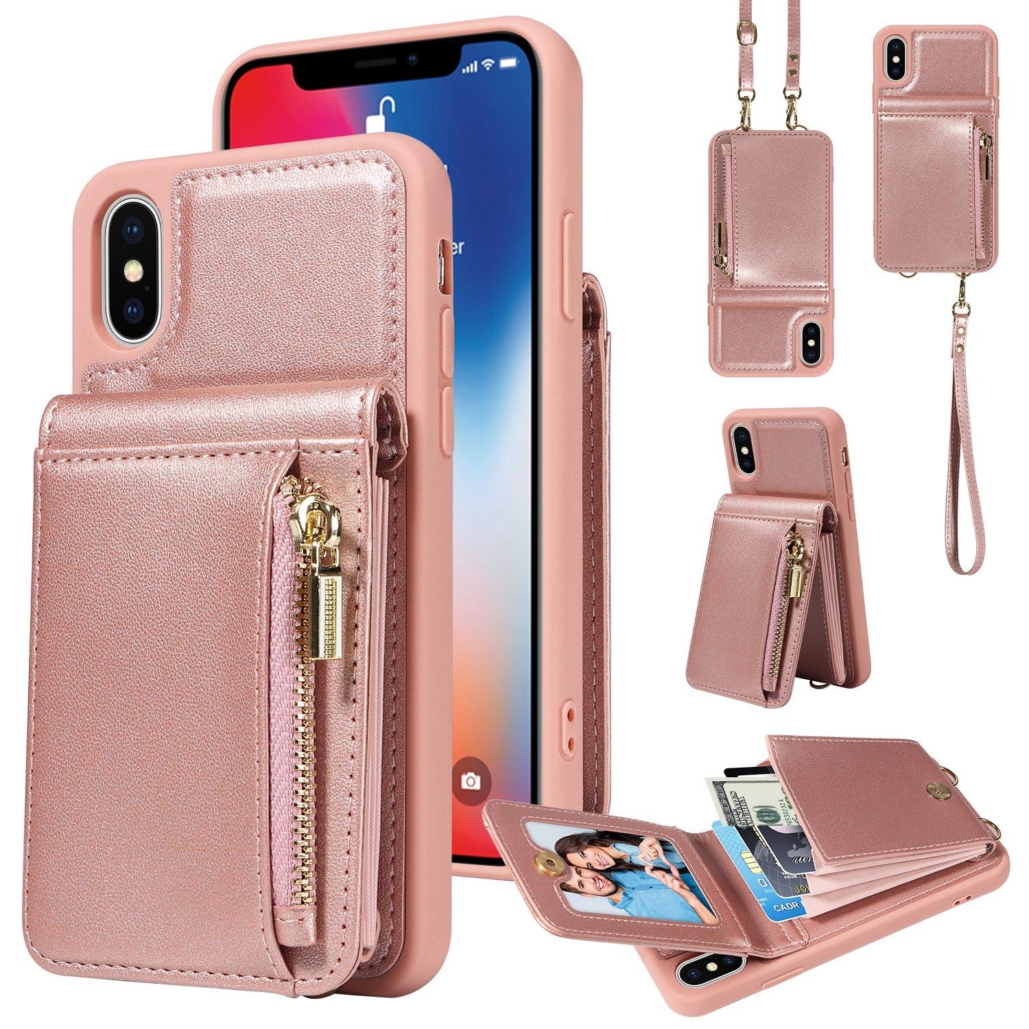 Leather Crossbody iPhone Wallet Case with Zipper Pocket & Lanyard Strap