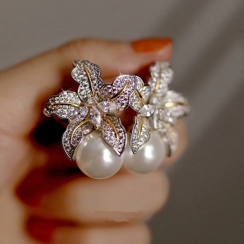 Women Luxury Inlaid Sparkling Stone Earrings, Gorgeous Flower Imitation Pearl, Fashion Wedding Jewelry