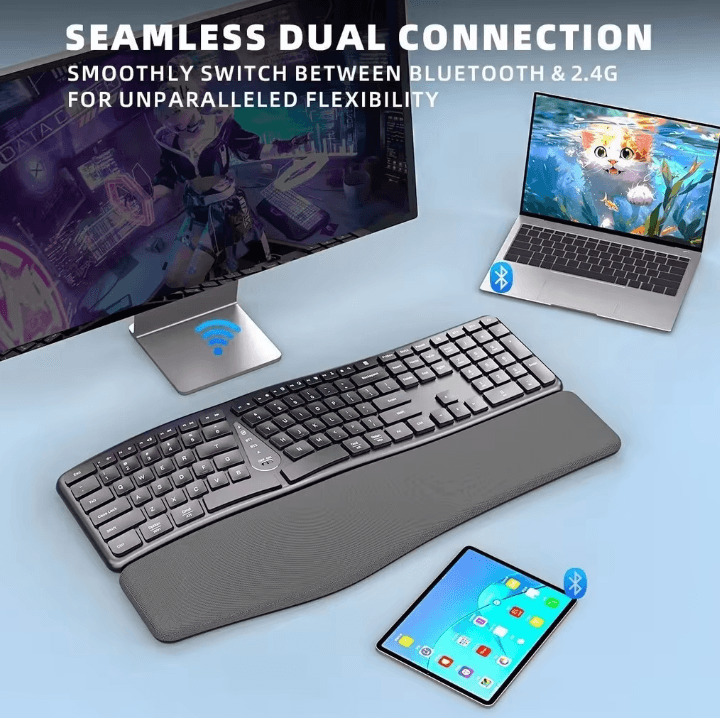 JOMAA Full Size Wireless Ergonomic Keyboard with Palm Rest Bluetooth and 2.4G Connection