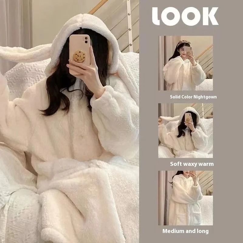 Autumn and Winter Ladies Warm Rabbit Ear Pajamas – Cartoon New Robe & Ins Girls Student Homewear