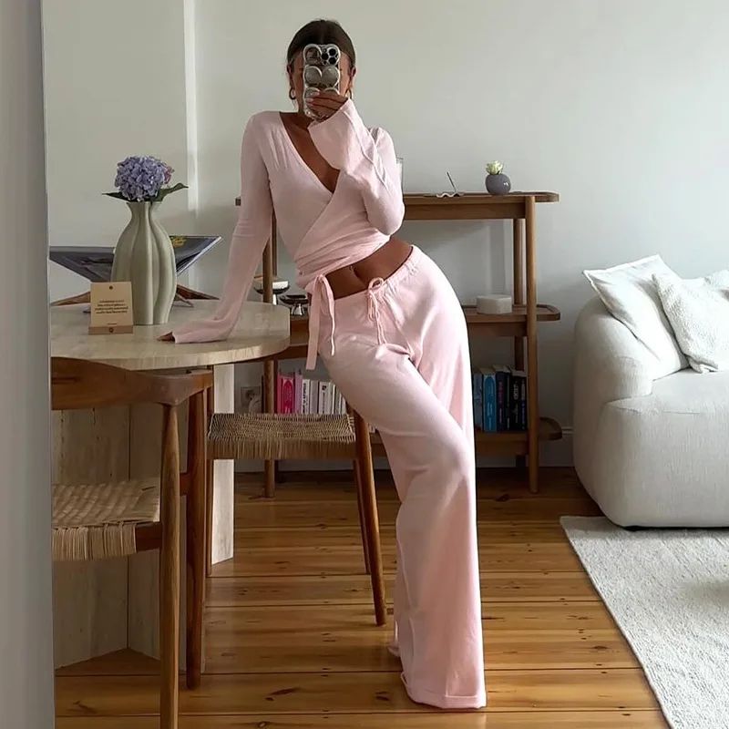 Absobe Women's Autumn Winter Knit 2-Piece Lounge Set – Flare Sleeve Crop Cardigan & Wide-Leg Pants Outfit