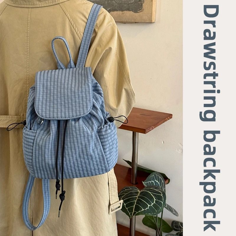 Lightweight Checkered Nylon Drawstring Backpack