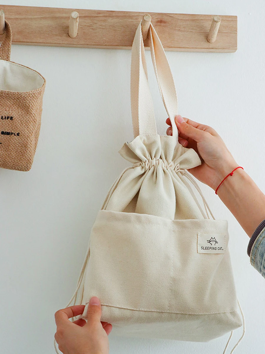 Insulated Canvas Lunch Bag Drawstring Thermal Cooler Tote for Work Picnic