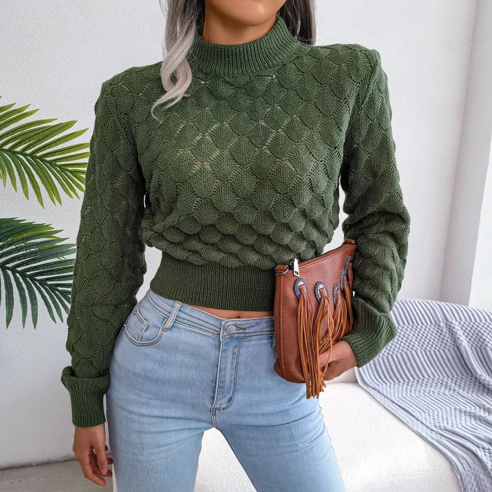 Trendy Womens Cropped Knit Sweater Hollow Out Long Sleeve Pullover Top