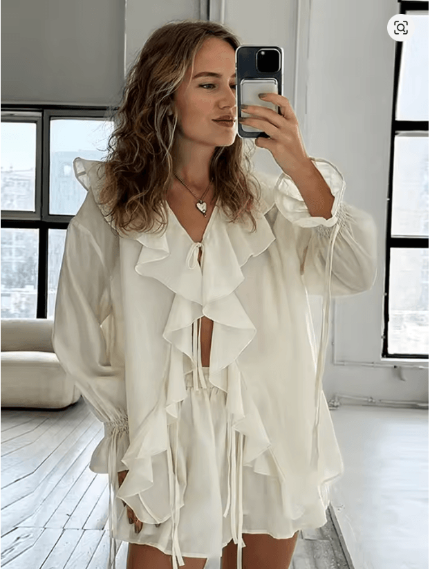 Chic 2-Piece Vacation Set for Women – Flare Sleeve Shirt and Lace-Up Shorts Outfit