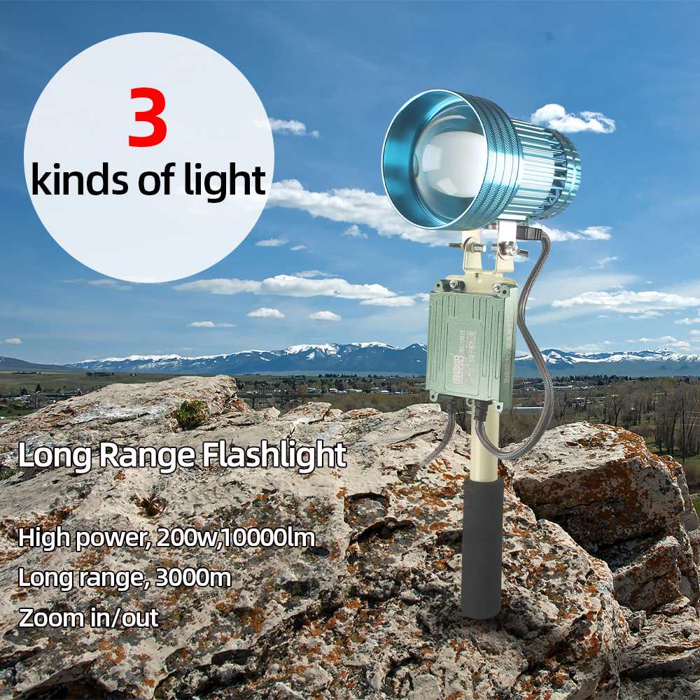 200W High Power Searchlight, Portable Long Range Flashlight with 3000m Zoomable Warm Light for Hunting & Outdoor