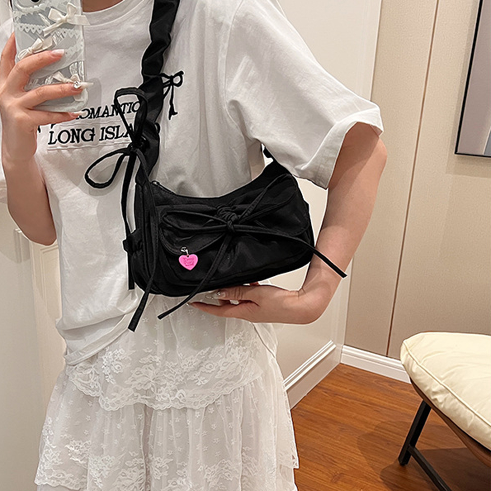 Black Bow Casual Shoulder Bag for Women Stylish Korean Washed Denim Summer Handbag Perfect Gift Idea