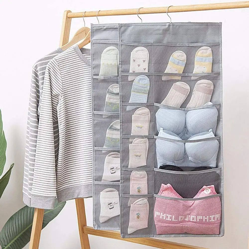 DualSpace Double-Sided Hanging Underwear Organizer – Foldable Wardrobe & Wall Storage Bag for Socks and Underpants